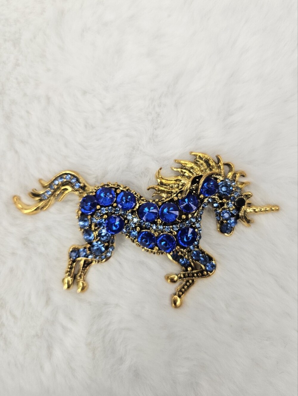 Gold Unicorn Brooch Pendant with Royal Blue Rhinestones